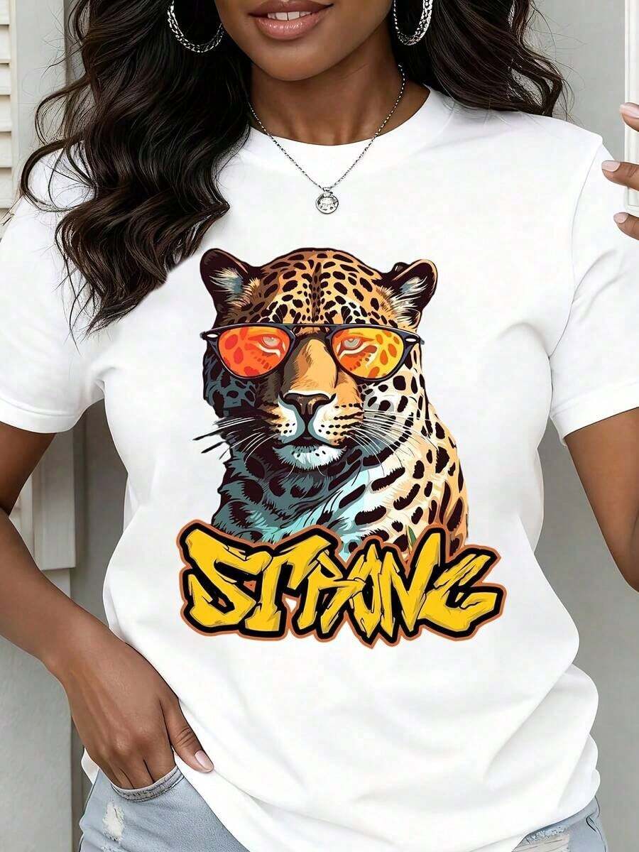 Camiseta de Cuello Redondo para Mujer con Estampado de Leopardo, Gafas de Sol y Texto Fuerte, Manga Corta, Ropa Casual de Verano - Blanco - Ver 1