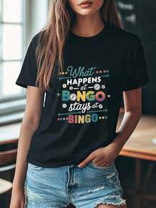 1 pieza Camiseta Negra Sobredimensionada con Tema de Bingo para Mujeres - Cuello Redondo Casual, Manga Corta, Tela Elástica, Camiseta de Moda de Verano con Impresión "Lo que Sucede en el Bingo Se Permanece en el Bingo", Top Casual de Verano |     Camiseta Oversize |     Vibrante Prin180g 100% Algodón suaveSuitable for spring, summer and autumnmaija mujer - Negro - Ver 1