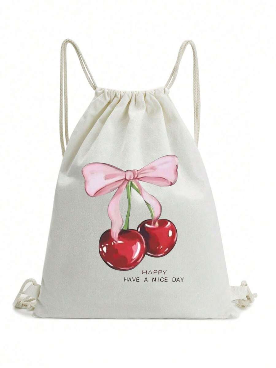 Nueva mochila de cordón de lona, con múltiples bolsillos, bolsa de hombro para compras y estudiantes - Beis - Ver 1