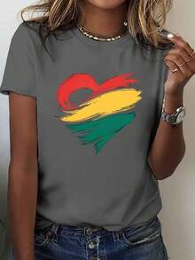 Camiseta ligera y transpirable de algodón, edición limitada, con estampado estilizado de pinceladas en forma de corazón, de manga corta y cuello redondo, estilo casual para primavera y verano, para mujer, de algodón ligero. - Blanco - Ver 9