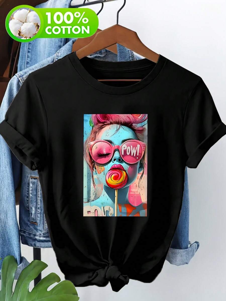 Lightweight And Breathable Cotton T-Shirt, Limited Edition, % Cotton, With Outdoor Theme Print, Short Sleeve T-Shirt For Women, Casual T-Shirt With Spicy Lollipop Pattern Print, Lightweight Cotton. - 黑色 - 查看 1