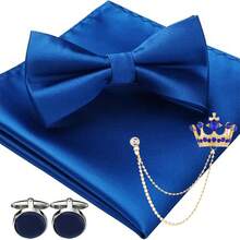 Conjunto de corbata de moño anudada de unicolor, pañuelo de bolsillo, gemelos y broche de solapa para hombres (Corbata de moño + Pañuelo de bolsillo + Gemelos + Broche de cadena colgante) - Multicolor - Ver 7