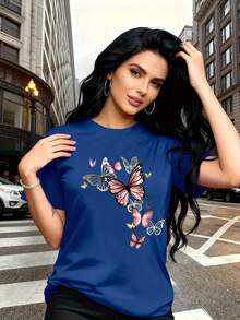 Soft, 100% Cotton T-Shirt With A Watercolor Butterfly Print. Stylish And Breathable, It's Perfect For Family Trips, Events, Casual Wear, Daily Commutes, And Matching Sister Outfits. This Versatile T-Shirt (Size 3744) Makes A Great Gift. Breathable Cotton, It Goes With Everything. - 藍色 - 查看 6