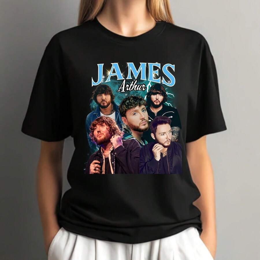 James Arthur T-shirt Bootleg design220g heavyweight 100% cotton T-shirt. Butterfly print. Unisex sizing. Round neck inspirational T-shirt. Cute and beautiful Y2K-inspired summer top, perfect for the outdoors, home, work, or street wear. Casual, loose-fitting everyday T-shirt. - Negro - Ver 1