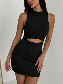 EARO Women's Sleeveless Ribbed Knit Mini Dress With Cutout Waist Design Elegant - Black - View 2