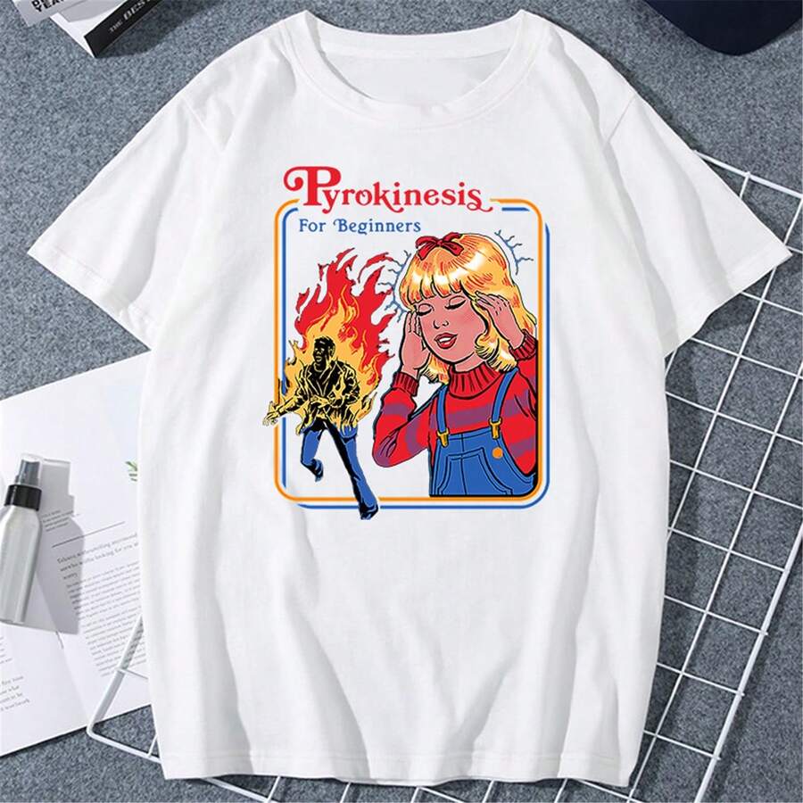 Women's Sexy And Casual Short-Sleeved Black T-Shirt With A Unique Pyrokinesis Print For Beginners, Regular Length, And Knitted Fabric. - 白色 - 查看 1