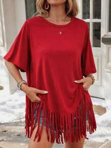 Women's Solid Color Round Neck Short Sleeve Casual Loose Shirt With Fringe Hem - Red - View 3