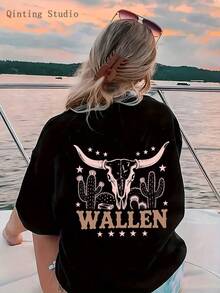 Women's Casual Crew Neck T-Shirt, 1 Piece, Ultra Soft And Breathable, With A Bohemian Design Featuring Cow Heads, Cacti And Other Patterns, Labeled "WALLEN", Perfect For Beach Surf Vacations And For Casual Spring/Summer Wear. - 黑色 - 查看 12