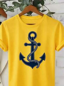Camiseta con Gráfico de Ancla Náutica para Mujer 2026 - Blanca y Azul Marino, Camiseta Marítima, Tela Suave y Transpirable para Playa, Navegación, Uso Diario Casual - Regalos para Marineras, Camisetas para Cruceros, Ropa de Navegación, Detalle de Nudo, Camiseta Ligera, Blusa Elegante, para Amantes del Estilo Marinero. Holgada y Cómoda. Tops Casuales Cómodos-J - Amarillo - Ver 2
