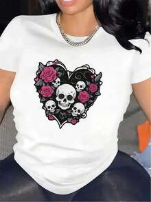 Skull And Heart Design T-Shirt For Home Use, Durable And Comfortable, Ideal For Living Room Or Restaurant, Stylish Graphic T-Shirt For Women, Soft Fabric, Casual Everyday Wear - [白色的] - 查看 7