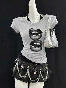 Camiseta de mujer casual de cuello en V retro, con atar, de manga corta y contraste de color, adecuada para el verano - Gris Claro 3 - Ver 8