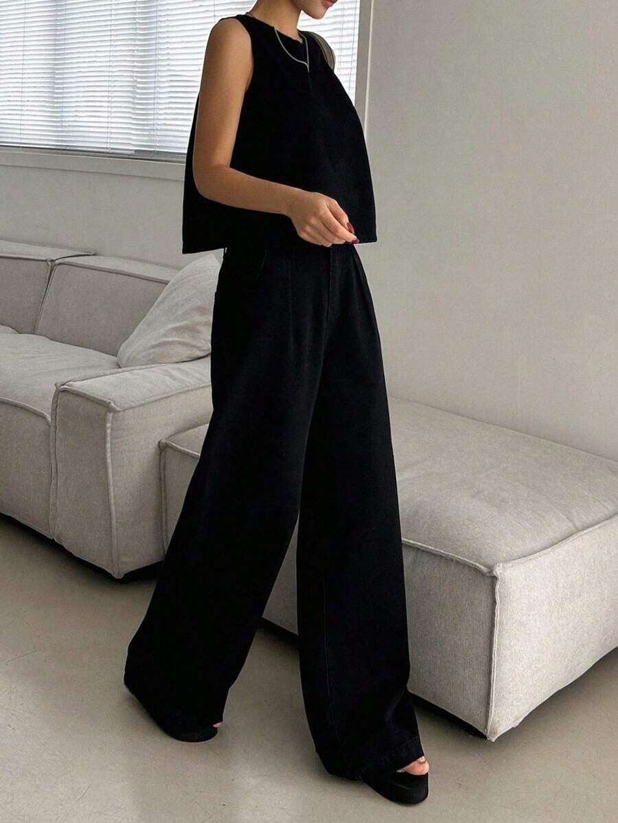Conjunto de chaleco holgado de unicolor con cuello redondo y pantalones vaqueros holgados con bolsillo, estilo casual, para mujer - Negro - Ver 1