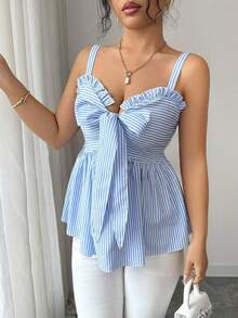 Top sin mangas casual para mujer, diseño de moda con tirantes de lazo, nudo de moño, a rayas azul y blanco, cintura ceñida, sexy y favorecedor, versátil para uso diario y citas, verano - Azul y blanco - Ver 4