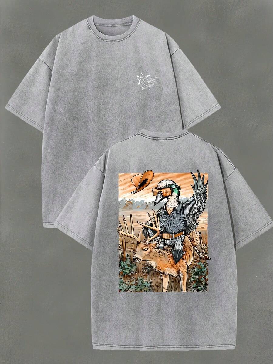 New Summer 2026 Collection Western-Style Fun Illustration Men's Washed Cotton Short-Sleeve T-Shirt Top, 100% Pure Cotton 220 Grams, Double-Sided Printed Pattern, Vintage Street Style, Summer Outfits For Women, Vacation Outfits For Women, 4th Of July Outfit For Women - 灰色 - 查看 1