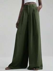 Pantalones de pierna ancha para mujer 2026SS, pantalones casuales y sueltos con cintura plisada, adecuados para estilo bohemio, Ibiza, vacaciones, festivales, invitados de boda, oficina, maestros, vuelta al colegio, con bolsillos, ajuste relajado, elegante estilo urbano chic, pantalones versátiles para primavera/verano - Verde militar - Ver 4
