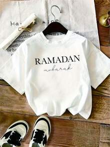 1 Piece Of Women's White T-Shirt With "RAMADAN MUBARAK" Print, Casual Polyester Knit Fabric, Comfortable Fit For All Seasons, Alphabet Pattern, Stylish And Fashionable, Ideal For Daily Wear And As A Ramadan Gift, Y2k T-Shirt. - 白色 - 查看 10