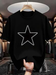 Camiseta Minimalista para Hombre con Patrón de Estrellas Negras - Contrasta con el Diseño de Doble Contorno, Creando un Efecto Visual Único, Adecuada para Uso Casual, un Artículo de Moda Imprescindible para el Verano, Perfecta para Cualquier Ocasión - Negro - Ver 7