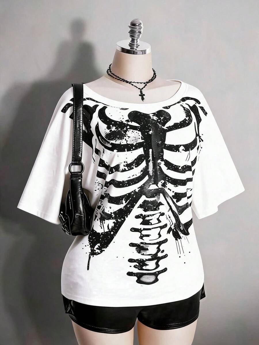 Colección verano 2026. Camiseta holgada mujer talla grande, estampado calavera y rosa gótico punk, estilo retro vanguardista. Tallas 3–7XL, apta otoño-invierno. Envío gratis 24h. - Blanco 1 - Ver 1
