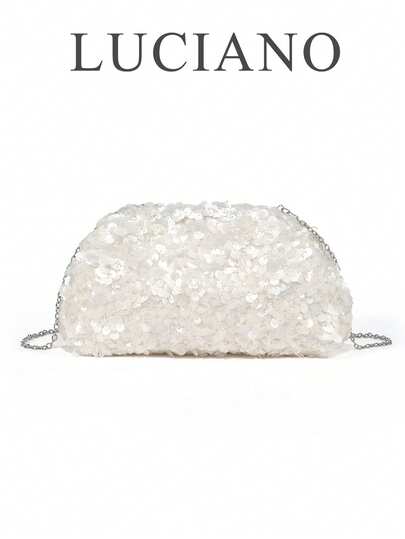 1pc French Elegant Sequin Evening Clutch Bag, New Fashionable Versatile Handbag, Party & Formal Dress Accessory Cloud-Shaped Bag, White Color, Snap Closure, Detachable Chain Strap, Suitable For Banquet & Party Attendance