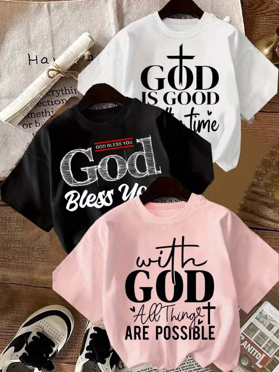 Nueva camiseta de moda para mujer, estampado con frases religiosas inspiradoras, cuello redondo, camiseta de talla grande, de algodón puro para verano, holgada y estilizadora, entrega local, top casual a la moda, estilo casual, cuello redondo, ligeramente elástica. - Negro - Ver 1