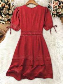Clasi Vestido mini de manga abullonada con ribete de encaje de unicolor para mujer, para verano - Rojo - Ver 2