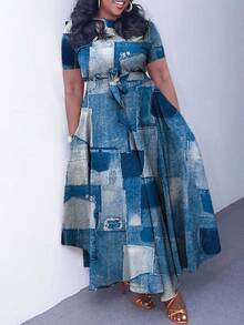 Plus Size Elegant Lace-Up Short Sleeve Flared Dress, New Style 2026 For Women - Denim - View 1