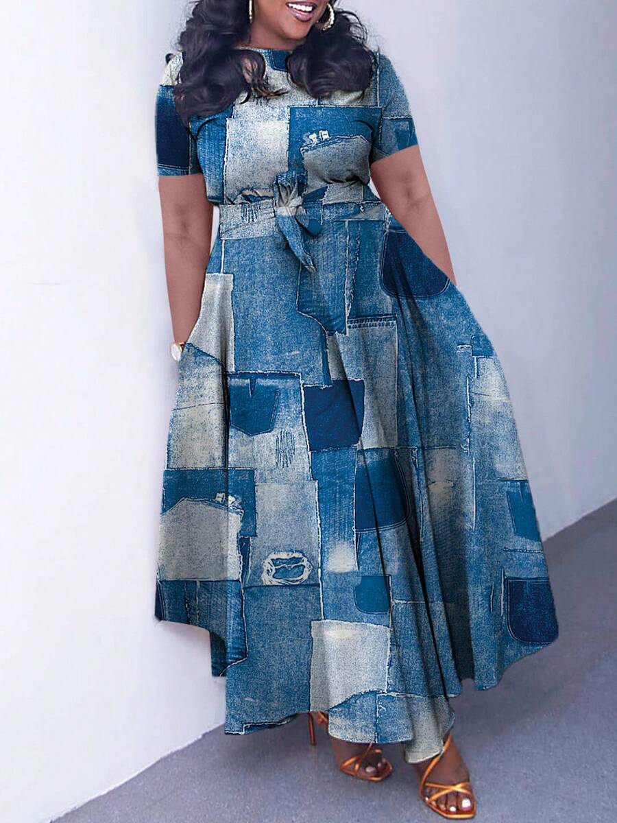 Plus Size Elegant Lace-Up Short Sleeve Flared Dress, New Style 2026 For Women - Denim - View 1