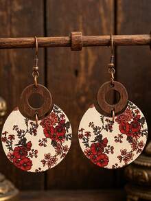 1 Pair Bohemian Wooden Printed Geometric Circle Patchwork Earrings - Multicolor - View 1