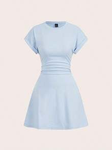 Vestido corto casual de punto de unicolor con cuello redondo, manga corta y cordón lateral para mujer - Azul - Ver 1