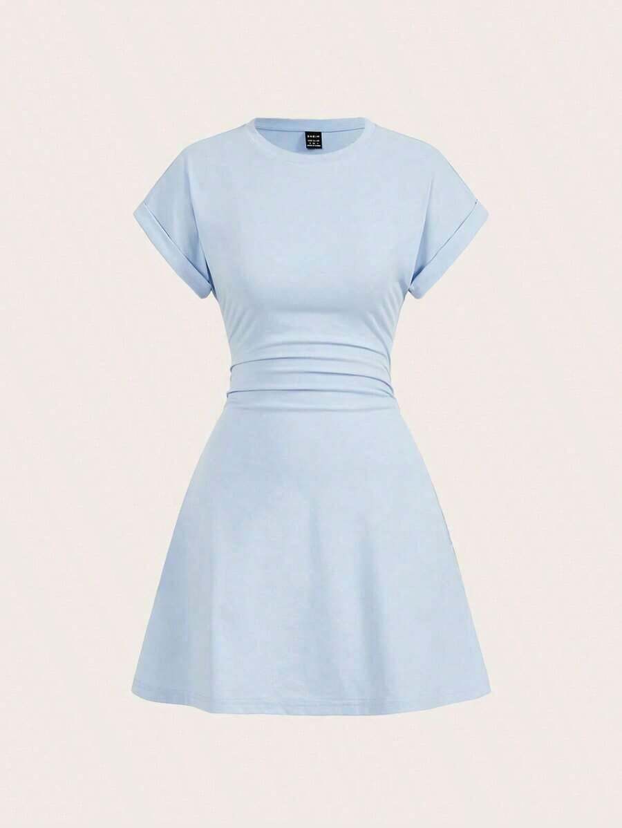 Vestido corto casual de punto de unicolor con cuello redondo, manga corta y cordón lateral para mujer - Azul - Ver 1