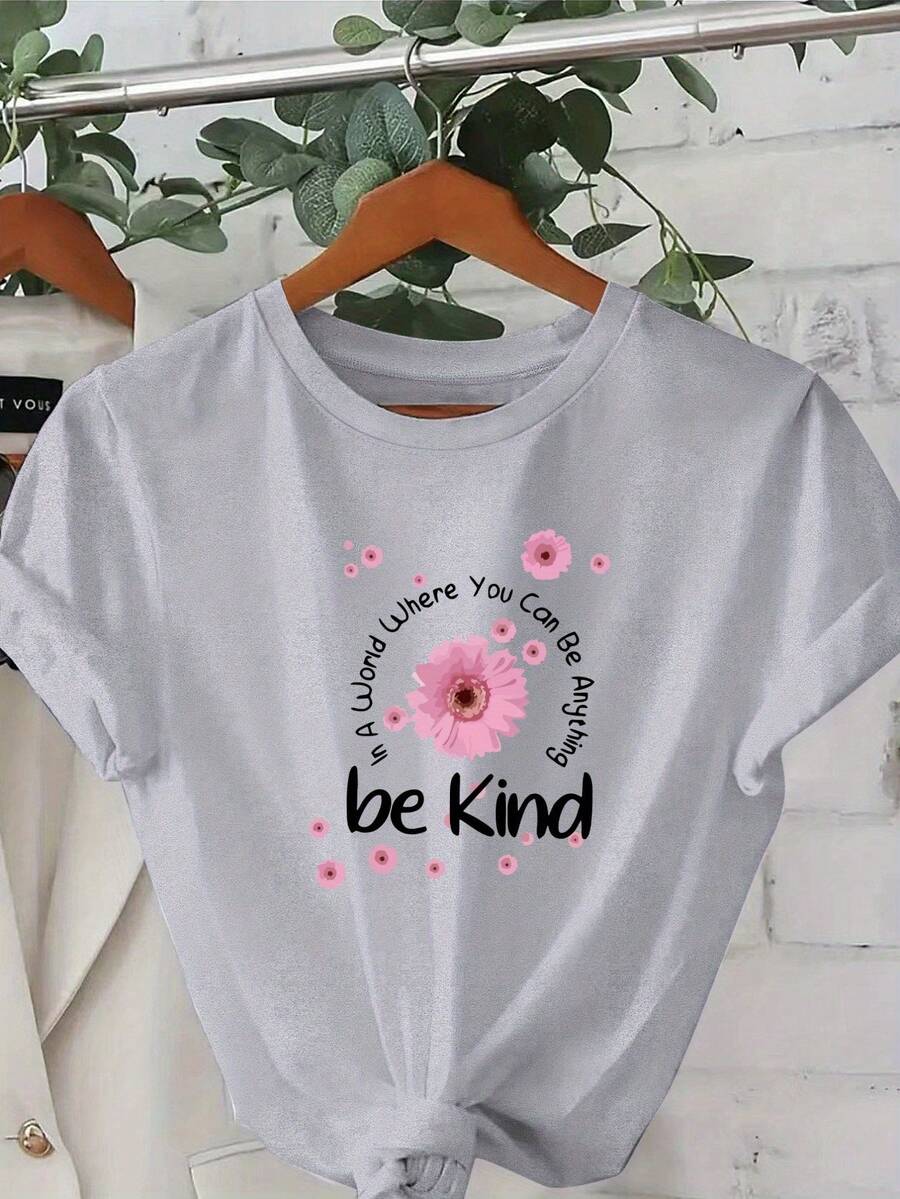 Plus Sizes - The Kind Little Daisy, Everyday Outfits, Comfortable And Casual Short Sleeve T-Shirts, Stylish Printed Crew Neck T-Shirts, Plus Size Women's Clothing, Women's Apparel - 淺灰色 - 查看 1