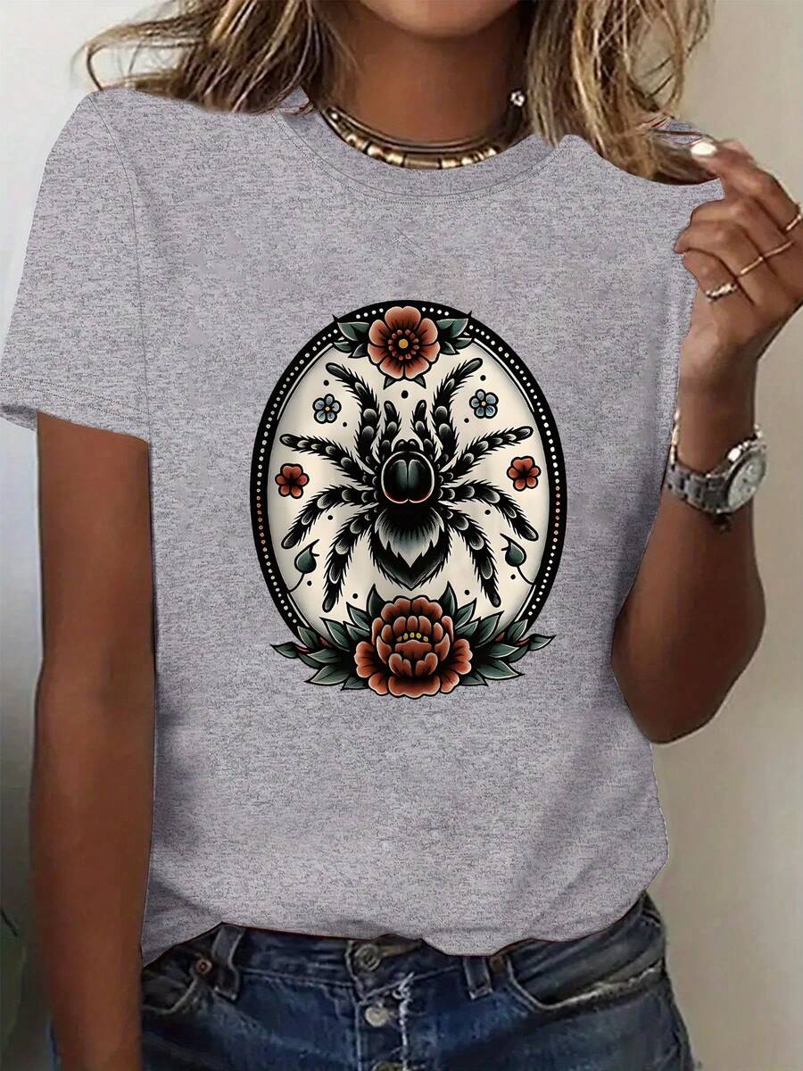 Talla Grande, Camiseta Oversize para Mujer con Estampado de Araña Estilo Tatuaje y Letras Florales - Blusa Casual de Cuello Redondo, Lavable a Máquina, Adecuada para Combinar en Otoño/Invierno, No es un Atuendo Casual - Gris - Ver 1