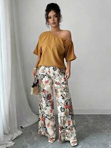 2 piezas Conjunto de top asimétrico de cuello sólido y pantalones con estampado tropical, estilo casual de vacaciones - Marrón - Ver 3