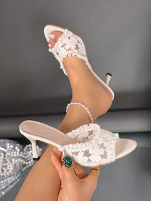 Zapatillas de tacón de aguja con punta cuadrada de encaje blanco, zapatos mule de punta abierta con bordado floral de malla y borde con volantes, sandalias elegantes versátiles para uso diario, citas, vacaciones, estilo de exportación - Blanco - Ver 7