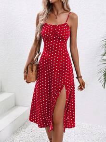 2024 Women's Floral Print Spaghetti Strap Summer Boho Beach Dress Elegant Printed Straps Square Neck Slit Dress - 紅點 - 查看 11
