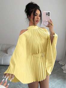 Elenzya Elegante camisa/blusa de mujer con mangas acampanadas y cintura ceñida para vacaciones - Amarillo - Ver 7