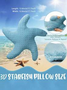 1pc Starfish Throw Pillow, Sofa Bed Decorative Cushion, Faux Fur Soft Pillow, Suitable For Bedroom, Living Room, Pillow Cover, Bedroom Decor, Outdoor Cushion, Garden Cushion, Create Summer Atmosphere - Blue - View 3