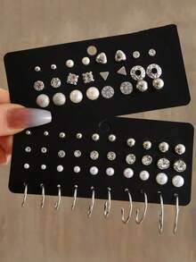 32pcs Fashion Versatile Pearl & Zirconia Stud Earrings & Hoop Earrings Set, Minimalist Geometric Heart & Triangle Design, Unisex Stackable Jewelry, Suitable For Daily Wear, Dates, Parties, Great Gift For Women On Birthday, Valentine's Day, Holidays - Silver - View 1