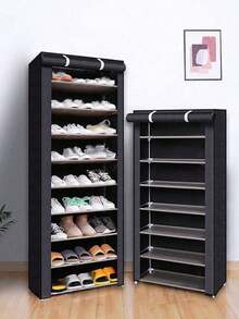 Black Dustproof Shoe Cabinet, Multi-Layer Simple Shoe Rack, Suitable For School Dormitories, Easy To Assemble, Freestanding Shoe Rack, Multiple Layers Available: 6 Layers, 8 Layers (10-Layer Shoe Rack Can Hold About 20-27 Pairs Of Shoes), Dustproof Shoe Rack, Space-Saving Household Storage Rack - Black - View 2
