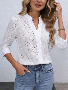 Blusa de mujer con bordado floral y cuello con muesca, manga 3/4.Tops de manga tres cuartos - Blanco - Ver 4