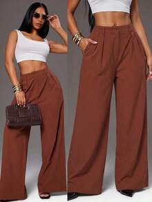 Pantalones anchos de pierna ancha de color café oscuro de moda minimalista para mujeres, pantalones de tela marrón de pierna ancha para el trabajo, pantalones de tiro alto de pierna ancha marrón para mujeres, pantalones de traje marrón para otoño/invierno - Café integral 2 - Ver 2