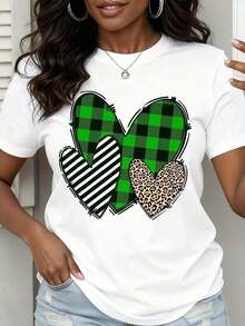 1 Piece Of Women's Casual T-Shirt, Leopard Heart Print, Black Stripes And Green Checks, Summer Top For Daily Wear, 180g, 100% Cotton. - 白色 - 查看 8
