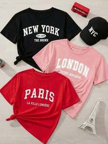 T-Shirts. Single Garment, Not A 3-Piece Set. 1 Piece/Set Of Short-Sleeved T-Shirts Suitable For Streetwear. Oversized Crew Neck Top For Daily Outings, Camping, Concerts, Hip-Hop, Rock, And Rap Events. Women's Short-Sleeved Crew Neck T-Shirt With Graphic Print Of City Names, CALIFORNIA Los Angeles. Short-Sleeved Crew Neck T-Shirt For Spring/Summer Everyday Wear. - 黑色 - 查看 8