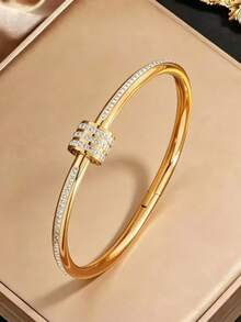 1pc/5pcs Titanium Steel Bangle Bracelet, Stainless Steel Smooth Minimalist High-End Fashion Versatile Bracelet, Won't Fade, Inlaid Rhinestone - Gold - View 8