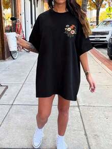 Camiseta de talla grande con estampado floral de verano - Negro 4 - Ver 2