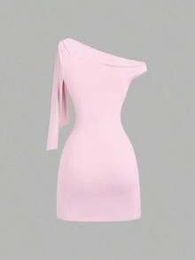 Vestido ceñido sexy con volantes asimétricos en los hombros, que cincha la cintura y tiene una silueta favorecedora, falda mini elegante francesa - Rosa Pálido 2 - Ver 2