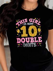 Colorful Text Celebrating The Special Moment Of Turning Ten With Gold Balloons And Pink Letters, With A Cheerful And Festive Touch, Ideal For Expressing Happiness And Youthful Energy. Modern Casual Women's T-Shirt For Parties. - 黑色 - 查看 8