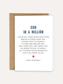 1pc "Son In A Million" Inspirational Birthday Card With Envelope, Heartfelt Poem Greeting For Son, Suitable For Birthday & Special Occasions, Blank Inside - A - View 1