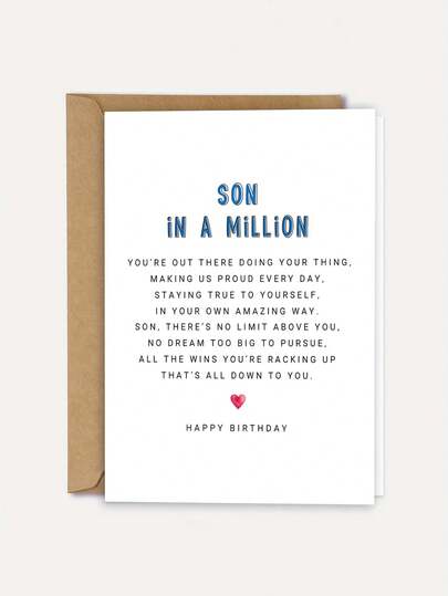 1 pieza "Hijo en un millón" Tarjeta de cumpleaños inspiradora con sobre, poema conmovedor para felicitar a un hijo, adecuada para cumpleaños y ocasiones especiales, en blanco en el interior