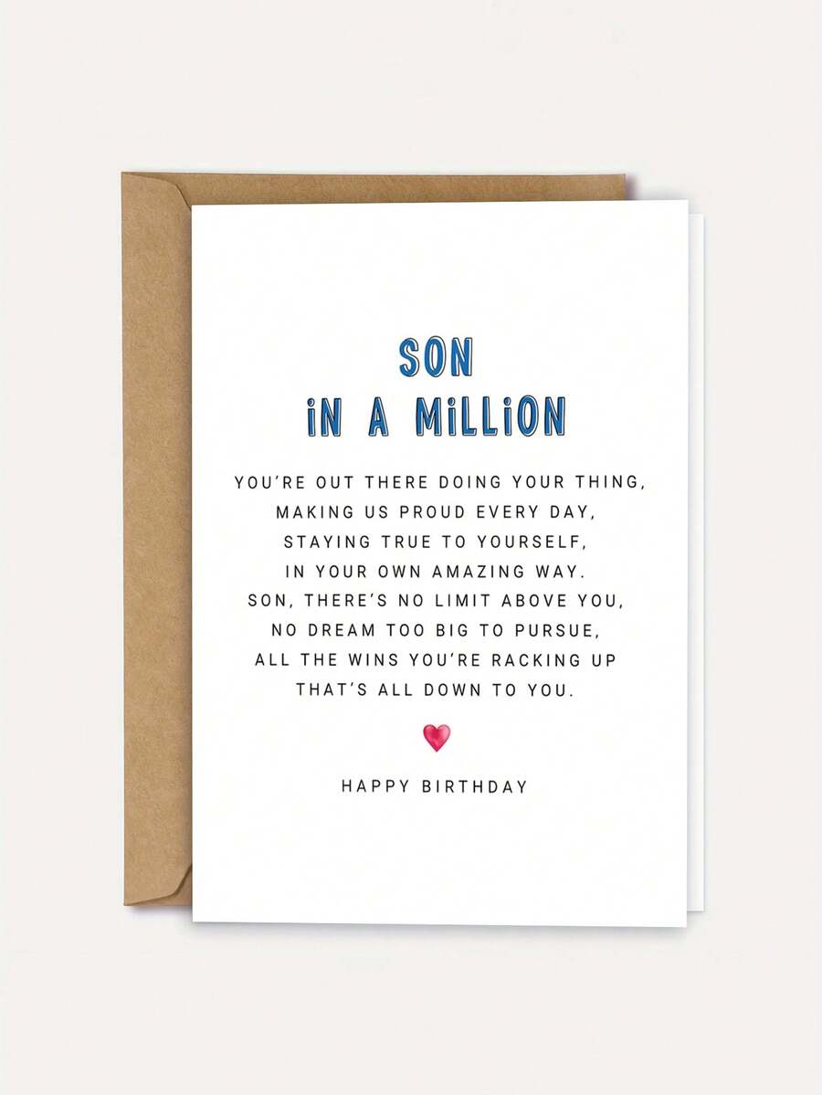 1pc "Son In A Million" Inspirational Birthday Card With Envelope, Heartfelt Poem Greeting For Son, Suitable For Birthday & Special Occasions, Blank Inside - A - View 1